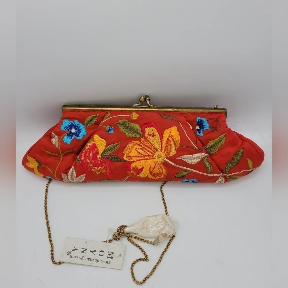 MOYNA from MOYNA Bags, Red Satin Multicolor Floral Satin Clutch.